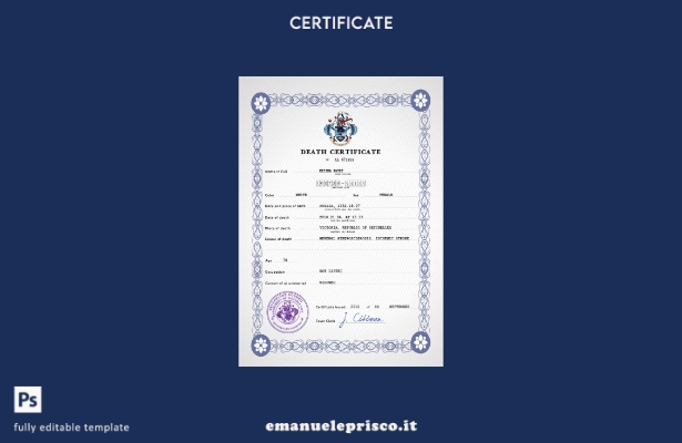 modello PSD del certificato di morte dei documenti di stato civile delle Seychel