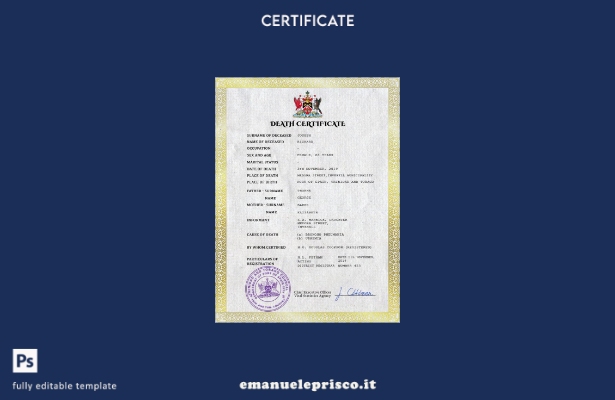 modello PSD del certificato di morte dei documenti di stato civile di Trinidad e