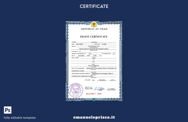 modello PSD del certificato di morte dei documenti vitali del Ciad in stile veri