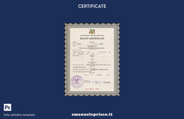 modello PSD del certificato di morte del certificato di stato civile delle Mauri