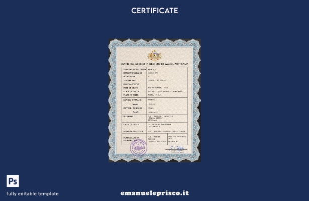 modello PSD del certificato di morte del documento di stato civile australiano i