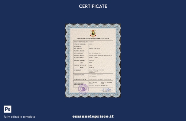 modello PSD del certificato di morte del documento di stato civile belga in stil