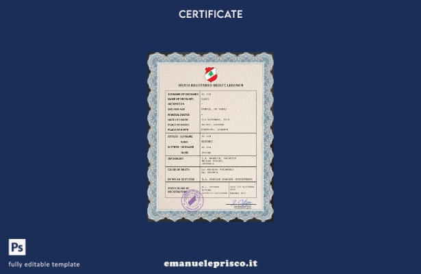 modello PSD del certificato di morte del documento di stato civile del Libano in