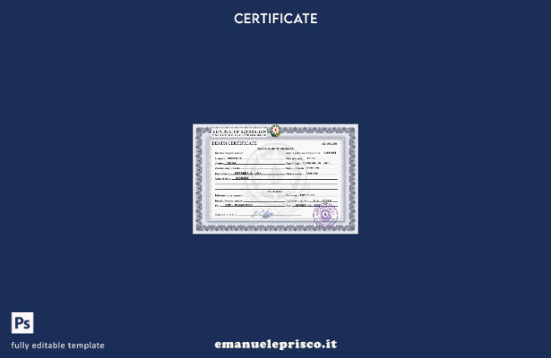 modello PSD del certificato di morte del documento di stato civile dell'Azerbaig