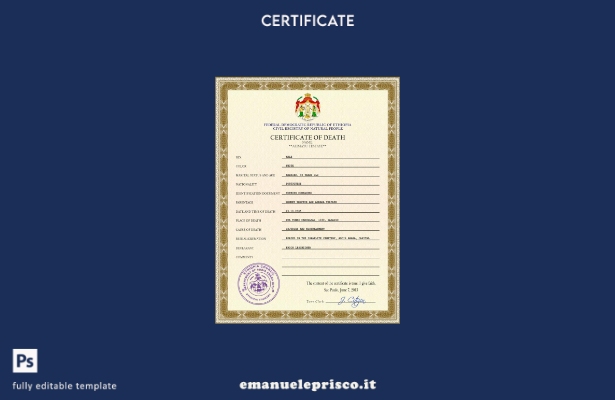 modello PSD del certificato di morte del documento di stato civile dell'Etiopia