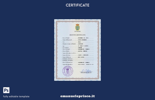 modello PSD del certificato di morte del documento di stato civile della Danimar