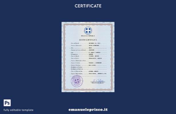 modello PSD del certificato di morte del documento di stato civile della Grecia