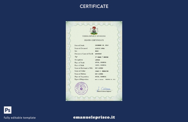 modello PSD del certificato di morte del documento di stato civile della Niger 1