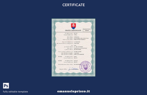 modello PSD del certificato di morte del documento di stato civile della Slovacc
