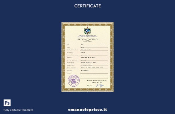 modello PSD del certificato di morte del documento di stato civile di Cuba in st