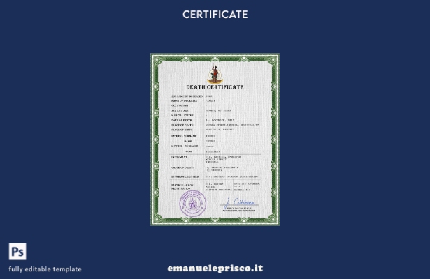 modello PSD del certificato di morte del documento di stato civile di Vanuatu in