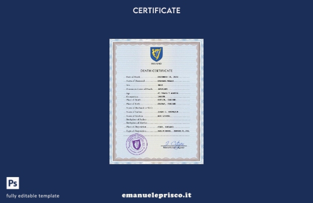 modello PSD del certificato di morte del documento di stato civile irlandese in
