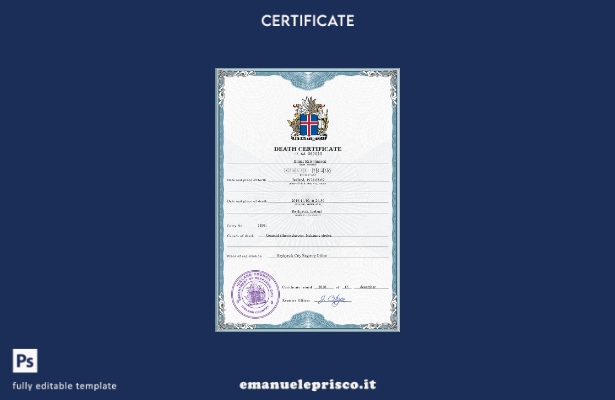 modello PSD del certificato di morte del documento di stato civile islandese in
