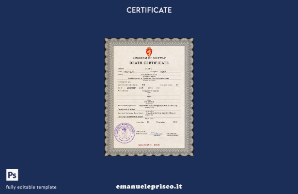 modello PSD del certificato di morte del documento di stato civile norvegese in