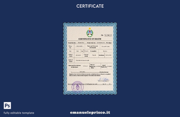 modello PSD del certificato di morte dell'Argentina in stile verificato