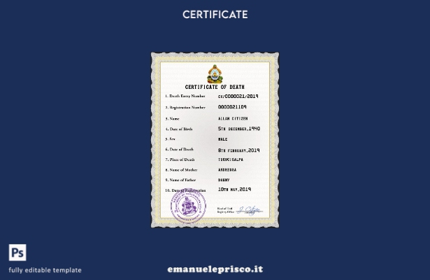 modello PSD del certificato di morte dell'Honduras in stile verificato