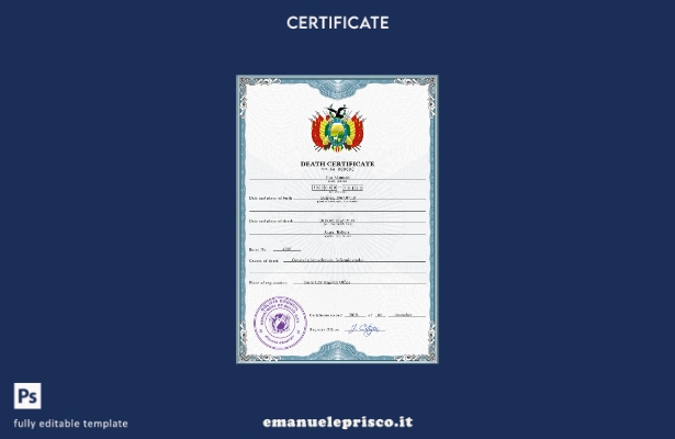 modello PSD del certificato di morte della Bolivia in stile verificato