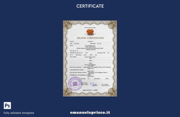 modello PSD del certificato di morte della Papua Nuova Guinea in stile verificat