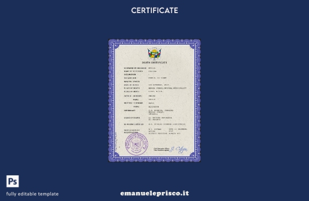 modello PSD del certificato di morte della Repubblica Centrafricana in stile ver
