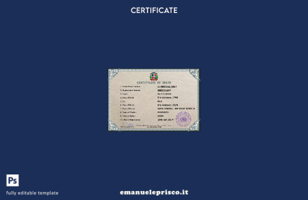 modello PSD del certificato di morte dello stato di stato civile della Repubblic