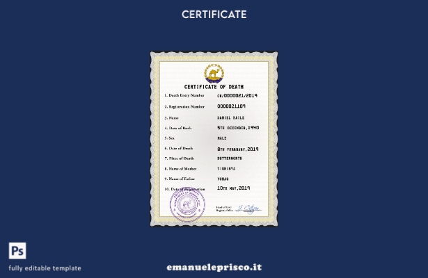 modello PSD del certificato di morte dello stato di stato dell'Eritrea in stile
