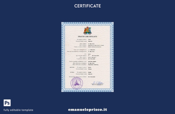 modello PSD del certificato di morte di Grenada in stile verificato