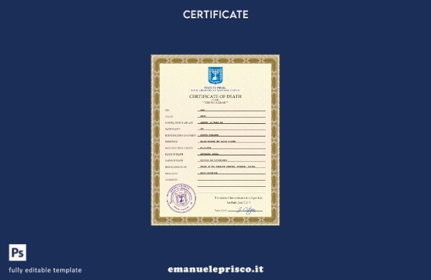 modello PSD del certificato di morte israeliano in stile verificato