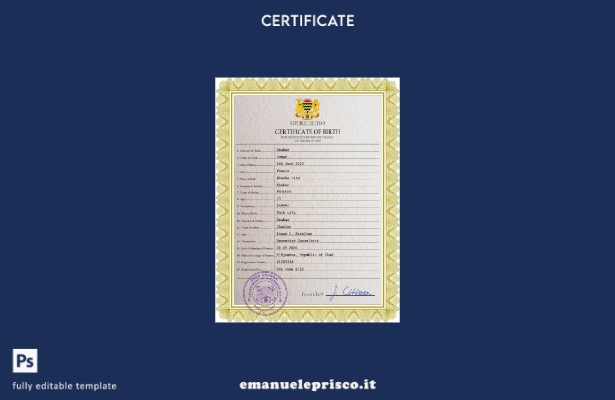 modello PSD del certificato di nascita dei documenti vitali del Ciad in stile ve