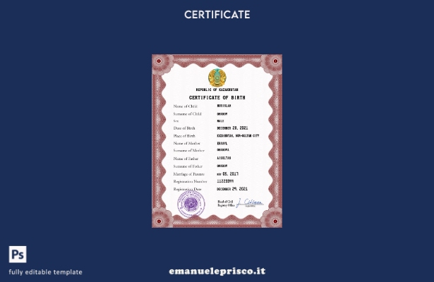 modello PSD del certificato di nascita del Kazakistan in stile verificato, model