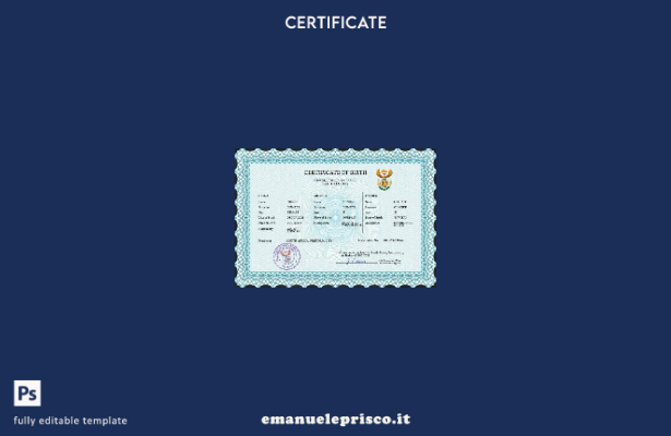 modello PSD del certificato di nascita del Sudafrica in stile verificato