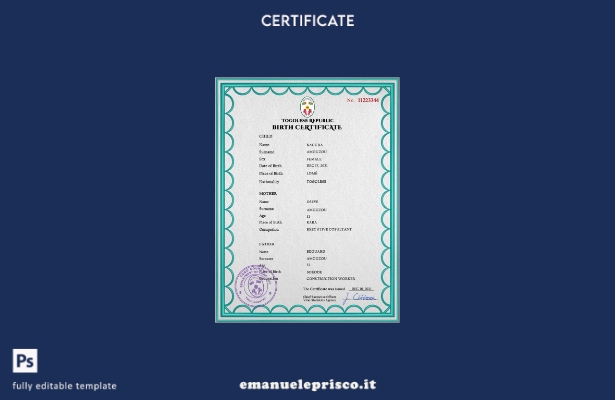 modello PSD del certificato di nascita del Togo in stile verificato