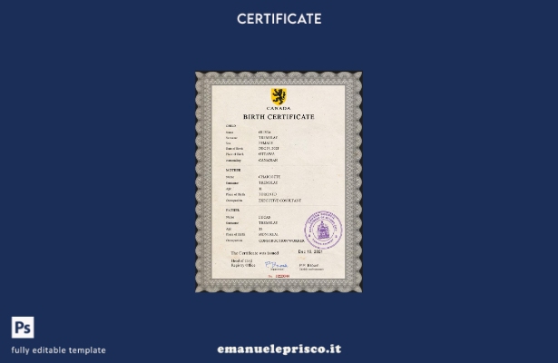 modello PSD del certificato di nascita del documento di stato civile canadese in