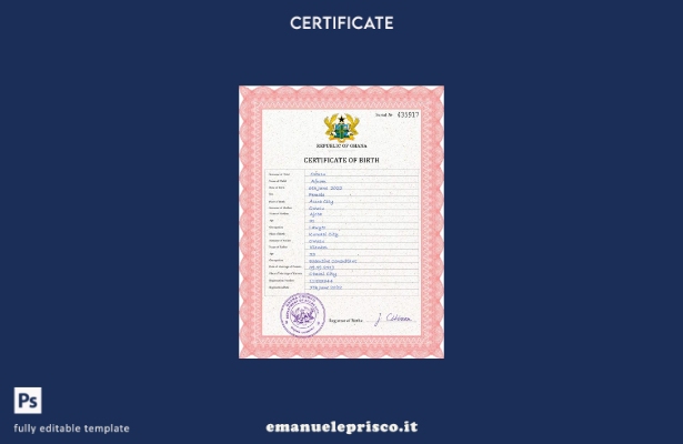 modello PSD del certificato di nascita del documento di stato civile del Ghana i
