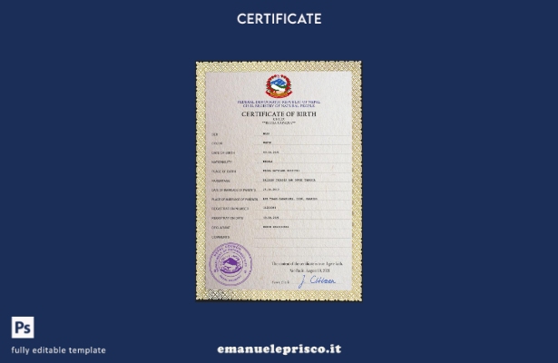 modello PSD del certificato di nascita del documento di stato civile del Nepal i