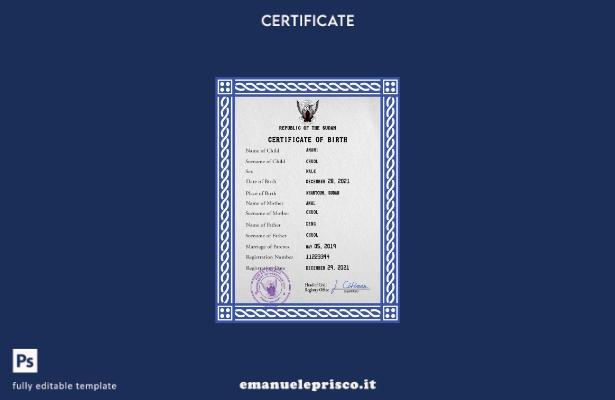 modello PSD del certificato di nascita del documento di stato civile del Sudan i