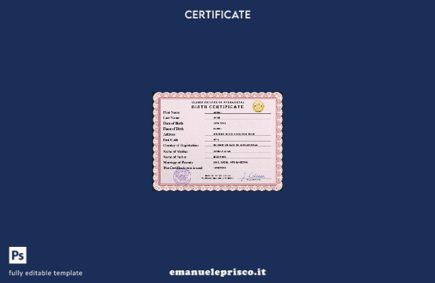modello PSD del certificato di nascita del documento di stato civile dell'Afghan