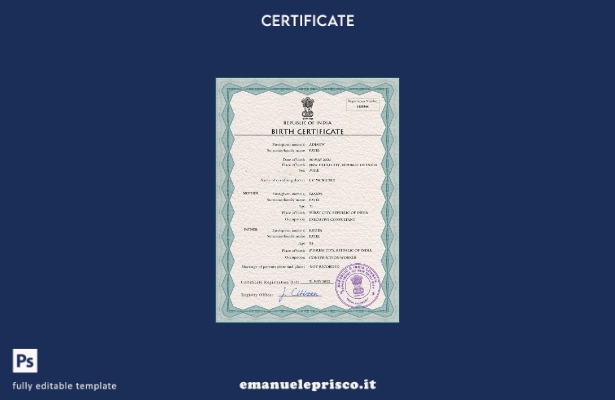 modello PSD del certificato di nascita del documento di stato civile dell'India