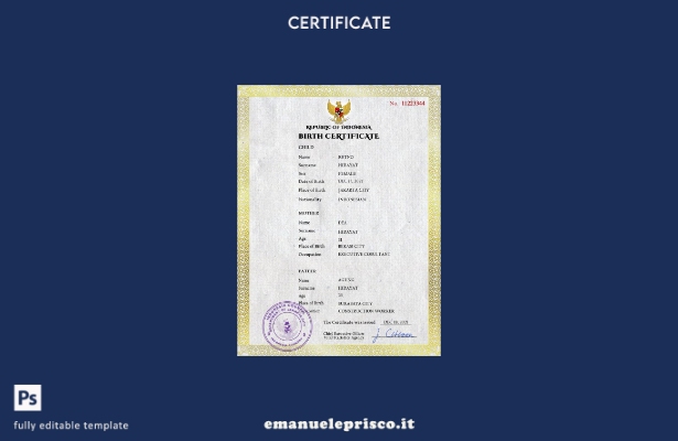 modello PSD del certificato di nascita del documento di stato civile dell'Indone