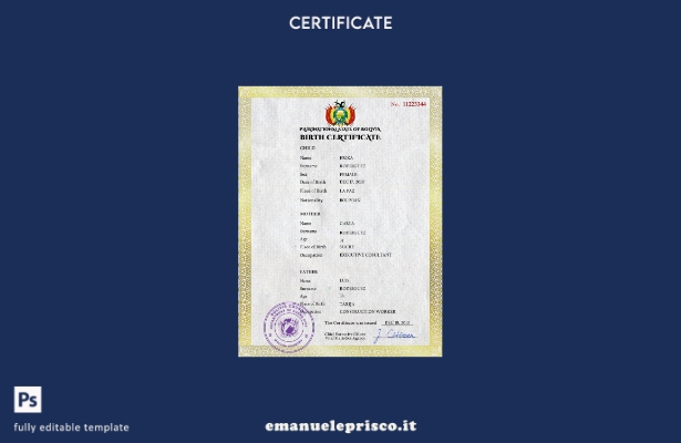 modello PSD del certificato di nascita del documento di stato civile della Boliv