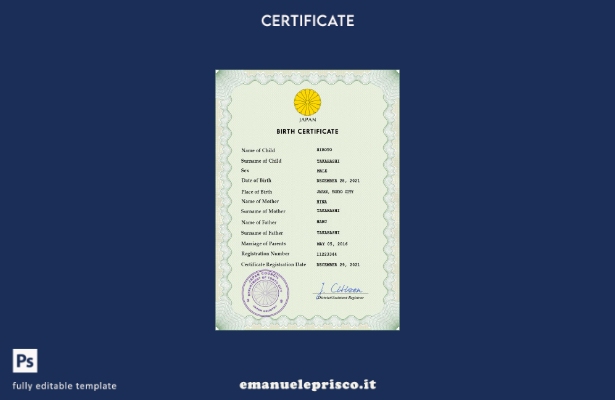 modello PSD del certificato di nascita del documento di stato civile giapponese
