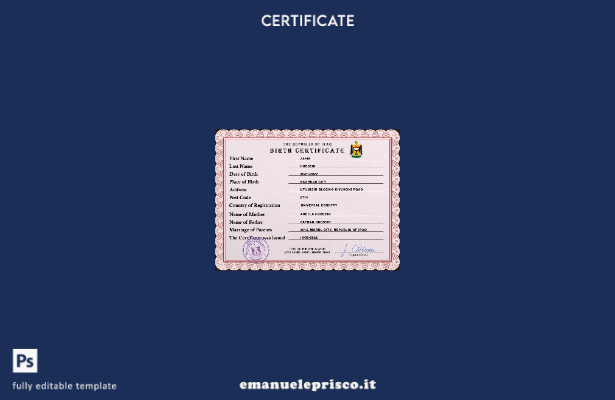 modello PSD del certificato di nascita del documento di stato civile iracheno in