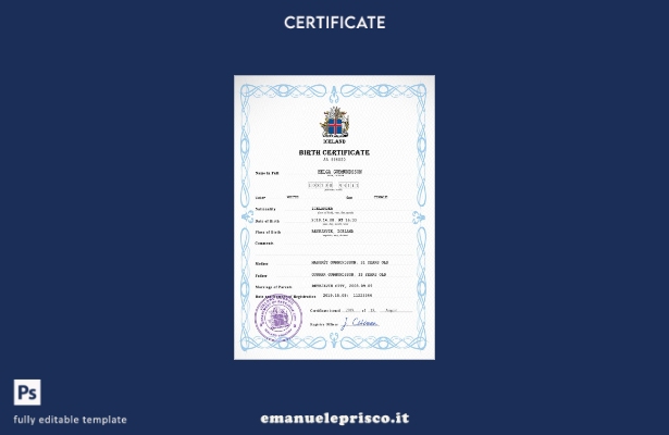 modello PSD del certificato di nascita del documento di stato civile islandese i