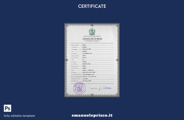 modello PSD del certificato di nascita del documento di stato civile pakistano i