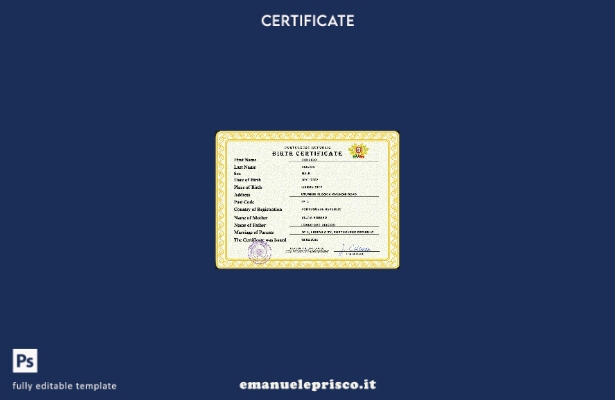 modello PSD del certificato di nascita del documento di stato civile portoghese