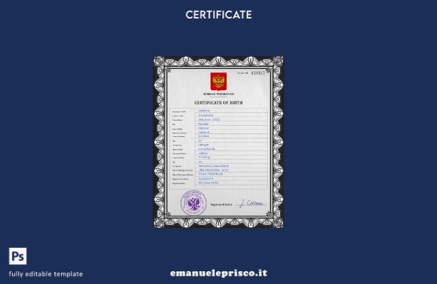 modello PSD del certificato di nascita del documento di stato civile russo in st