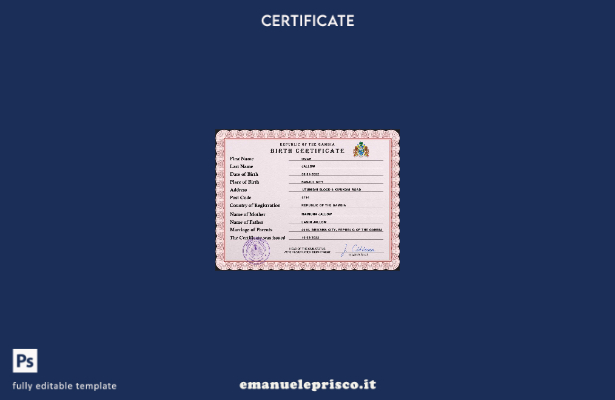 modello PSD del certificato di nascita del record di stato civile del Gambia in