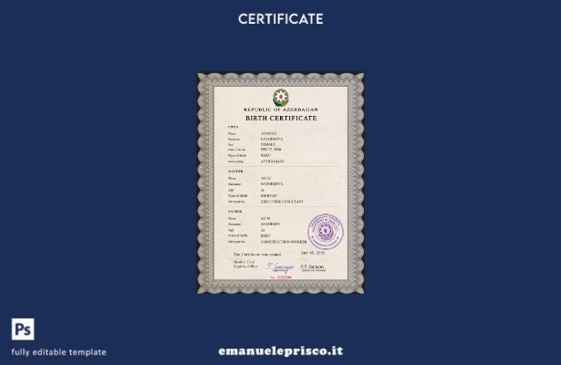 modello PSD del certificato di nascita dell'Azerbaigian in stile verificato