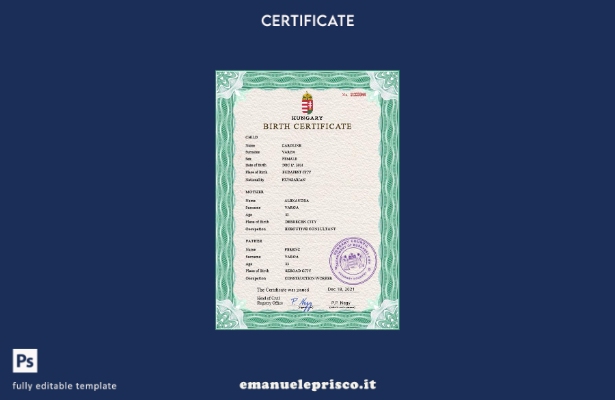 modello PSD del certificato di nascita dell'Ungheria in stile verificato
