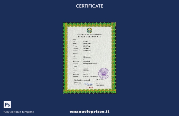 modello PSD del certificato di nascita dell'Uzbekistan in stile verificato