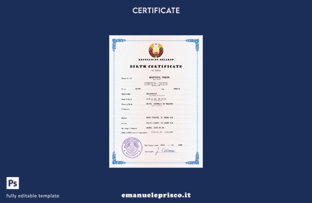 modello PSD del certificato di nascita della Bielorussia in stile verificato